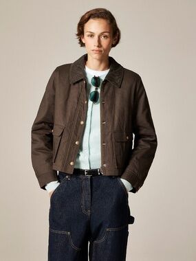 BNWT NEW J. Crew Women's Cropped Barn Jacket in Brown ripstop cotton Sz LARGE